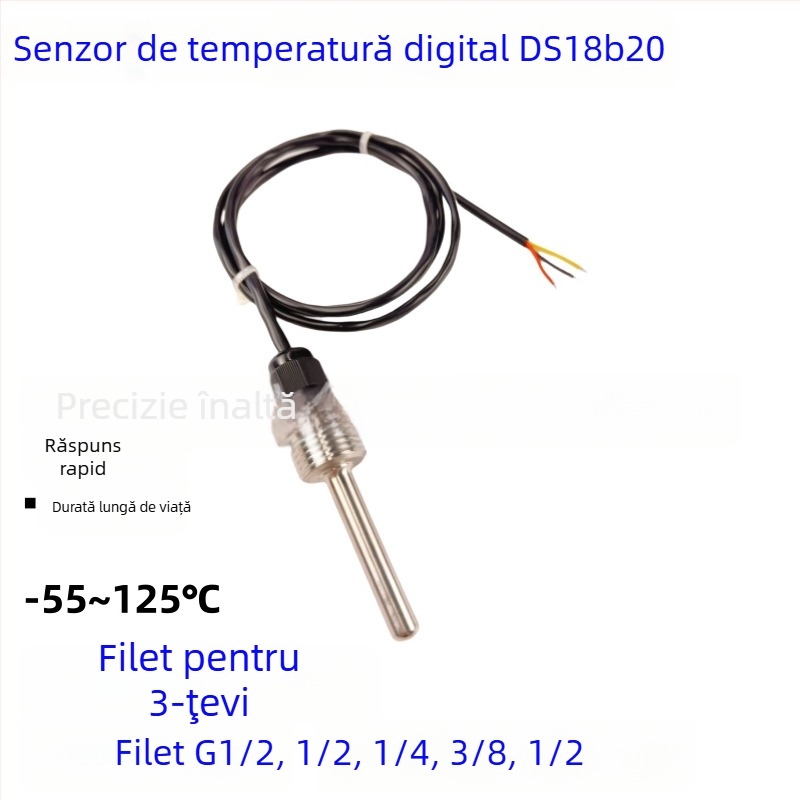 DS18B20 Senzor digital impermeabil pentru temperatură cu filet G1/2, sondă din oțel inoxidabil M10, montaj 6x50mm