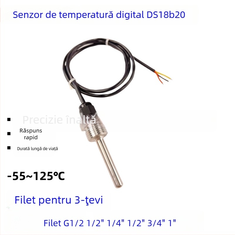 DS18B20 Senzor digital impermeabil pentru temperatură cu filet G1/2, sondă din oțel inoxidabil M10, montaj 6x50mm
