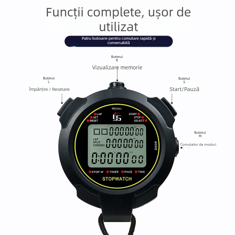 Cronometru electronic cu carcasă ABS, rezistent la apă, funcție pauză, afișaj cu trei rânduri, logo tipărit