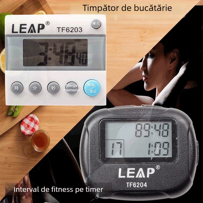 Cronometru electronic Tianfu TF6204 pentru antrenamente prin intervale, cronometru de tip countdown, funcție pauză, carcasă ABS anti-derapant, afișaj cu două rânduri