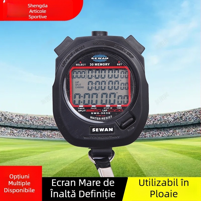 Cronometru electronic cu carcasă ABS, rezistent la apă, funcție pauză, memorie tururi 30/60/100, greutate 60 g