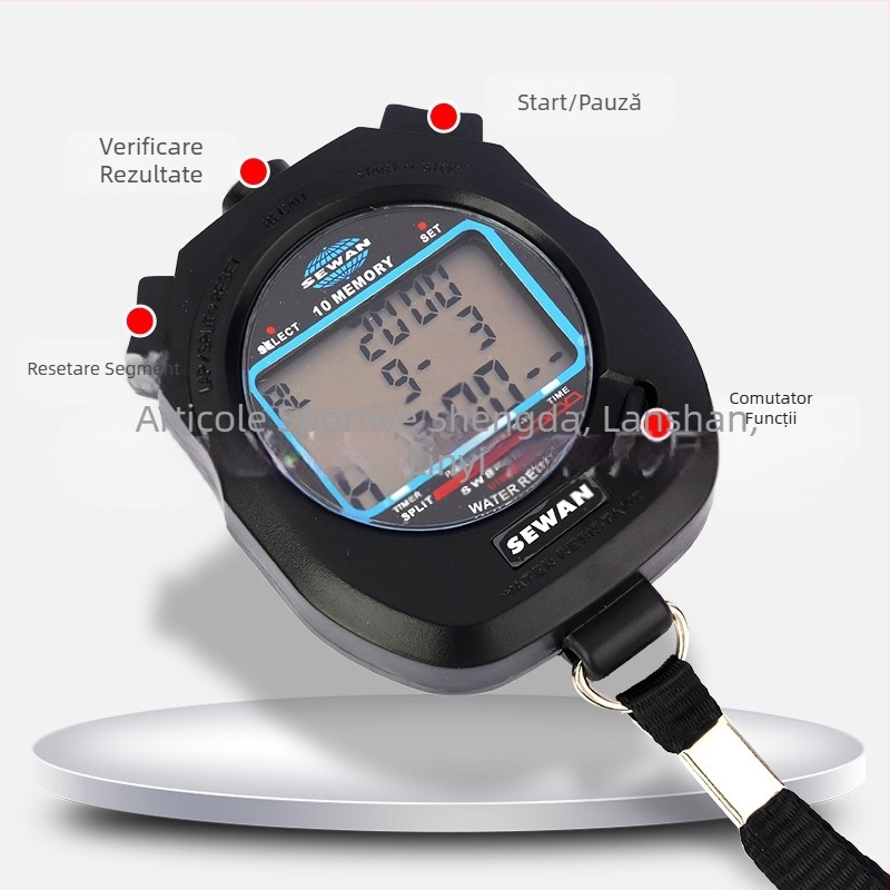 Cronometru electronic cu carcasă ABS, rezistent la apă, funcție pauză, memorie tururi 30/60/100, greutate 60 g
