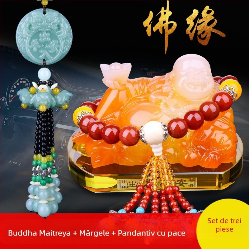 Decorațiune auto parfum – statuetă Maitreya Buddha, din rășină; stil chinezesc tradițional; funcție: decorare