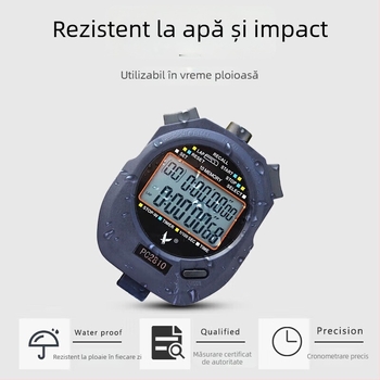Stopwatch multifuncțional cu afișaj pe 3 rânduri, cronometrare în segmente 100/60/30/10/5, carcasă ABS rezistentă la apă, funcție pauză, anti-alunecare; potrivit pentru alergare, ciclism și sporturi cu mingi