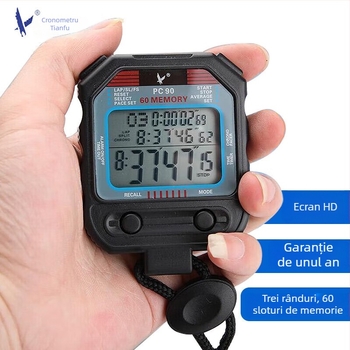 Stopwatch multifuncțional cu afișaj pe 3 rânduri, cronometrare în segmente 100/60/30/10/5, carcasă ABS rezistentă la apă, funcție pauză, anti-alunecare; potrivit pentru alergare, ciclism și sporturi cu mingi