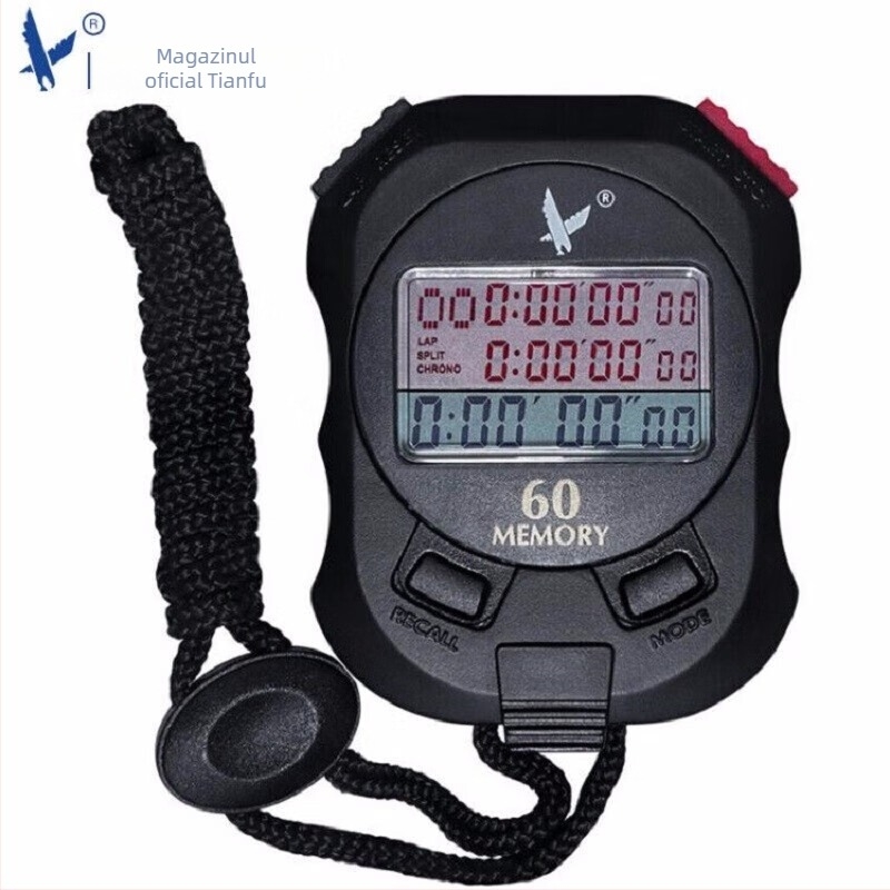 Stopwatch multifuncțional cu afișaj pe 3 rânduri, cronometrare în segmente 100/60/30/10/5, carcasă ABS rezistentă la apă, funcție pauză, anti-alunecare; potrivit pentru alergare, ciclism și sporturi cu mingi