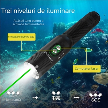 Lampa de scufundări SKYWOODS, 1200 lumeni, echipată cu laser, iluminare subacvatică, fascicul lung, lumină indicator