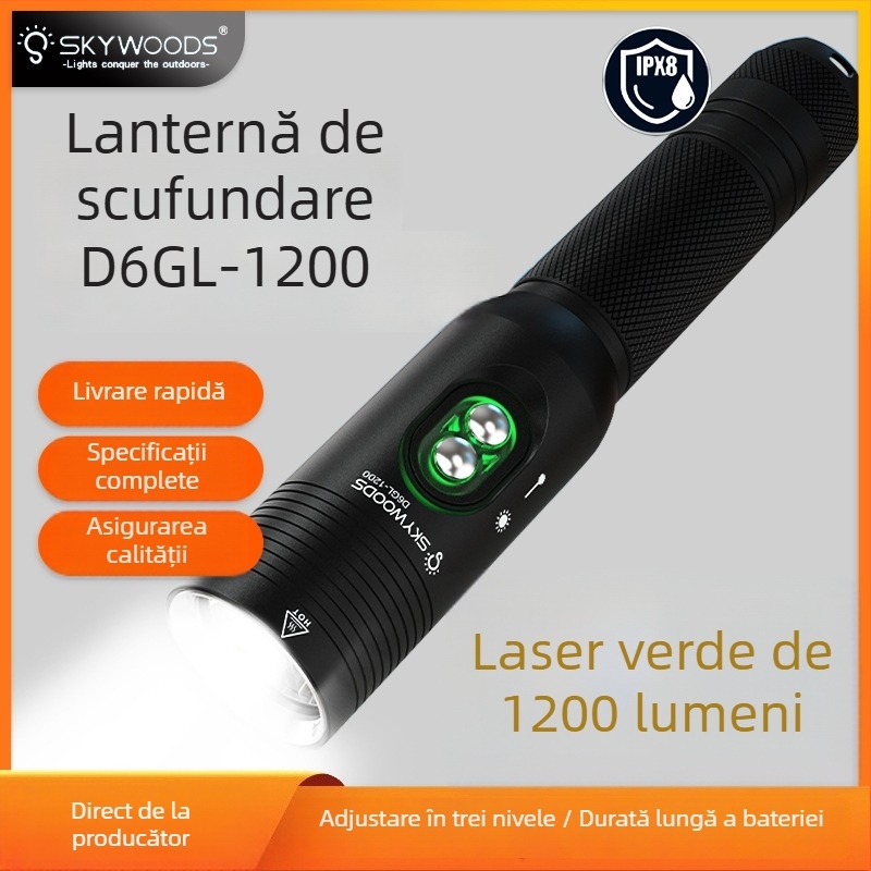 Lampa de scufundări SKYWOODS, 1200 lumeni, echipată cu laser, iluminare subacvatică, fascicul lung, lumină indicator