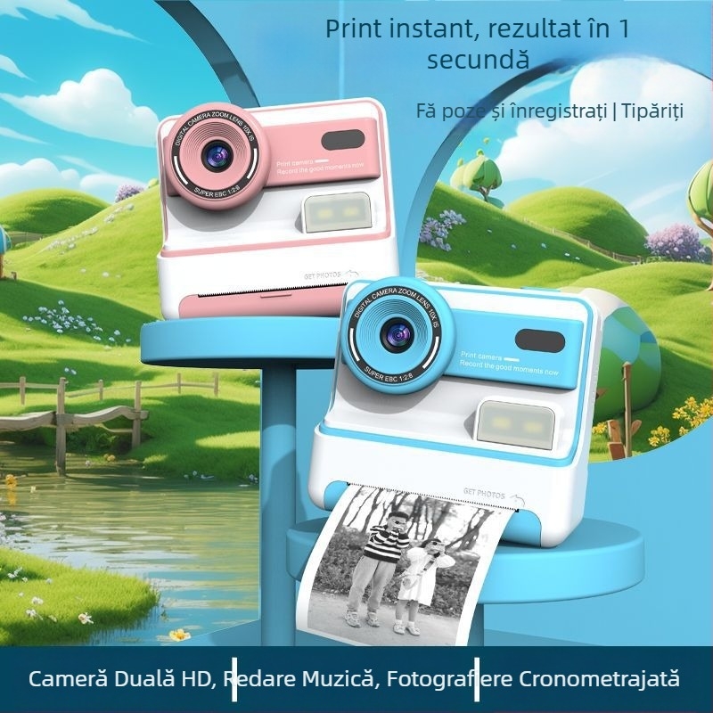 D101 Cameră Polaroid Instantanee cu Lentile Frontale și Spate Duale, 3600W Pixeli, Ecran LCD de 2,4 Inch, Stocare TF Card, Carcasă ABS