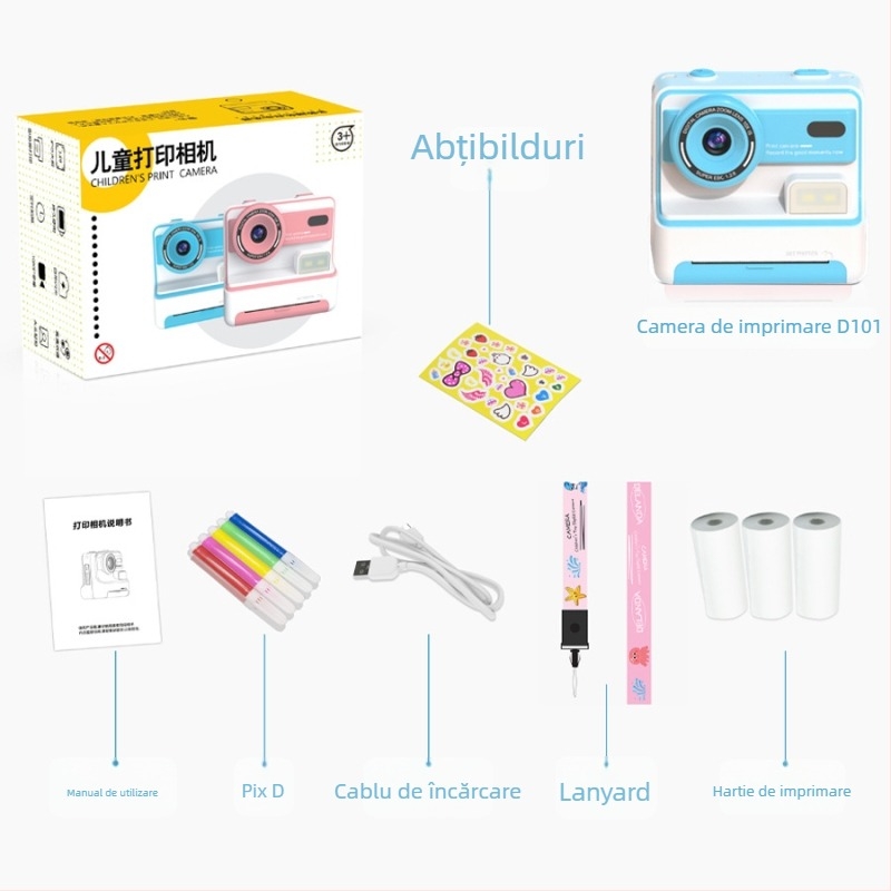 D101 Cameră Polaroid Instantanee cu Lentile Frontale și Spate Duale, 3600W Pixeli, Ecran LCD de 2,4 Inch, Stocare TF Card, Carcasă ABS