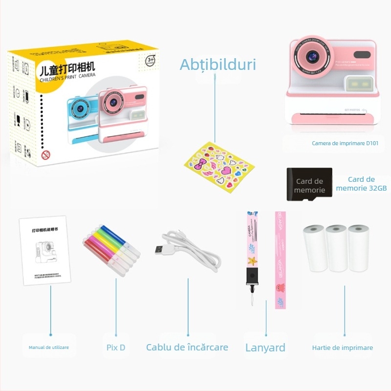D101 Cameră Polaroid Instantanee cu Lentile Frontale și Spate Duale, 3600W Pixeli, Ecran LCD de 2,4 Inch, Stocare TF Card, Carcasă ABS