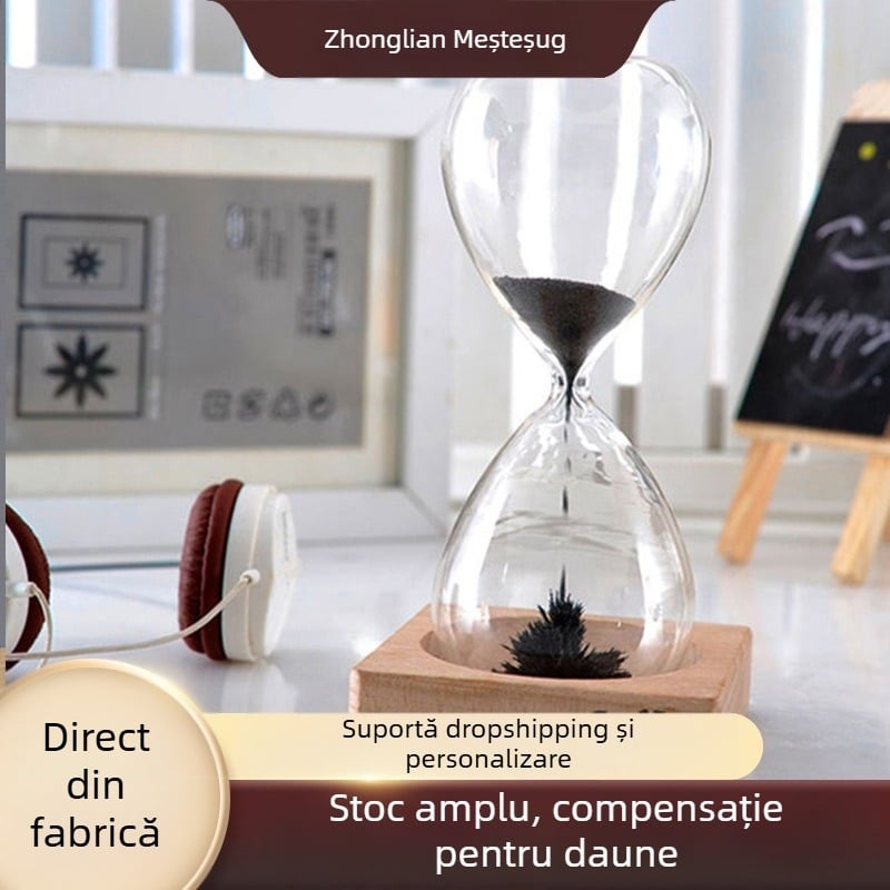 Ceas cu nisip pentru birou, fabricat manual, sticlă borosilicată și bază din fag, stil modern minimalist