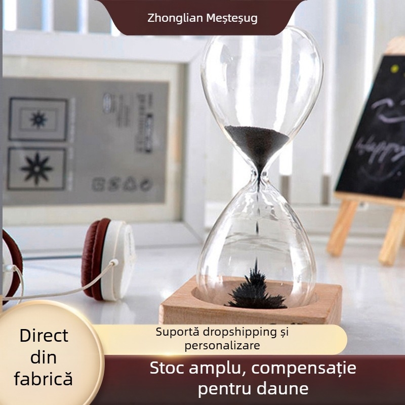Ceas cu nisip pentru birou, fabricat manual, sticlă borosilicată și bază din fag, stil modern minimalist