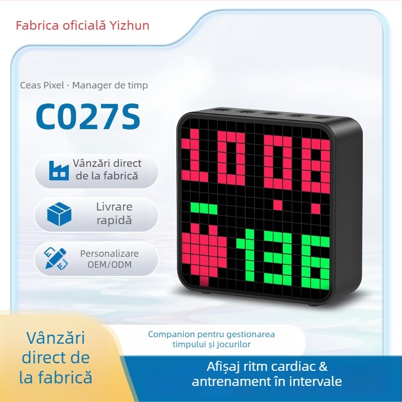 C027S Cronometru de antrenament cu monitorizare a ritmului cardiac — ceas de birou cu alarmă și lumină ambientală, ABS plastic, impermeabil, funcție de pauză, rezoluție 16×16