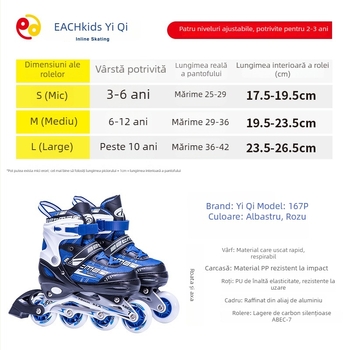 Patine inline pentru copii, partea superioară din PU+ plasă, roți din aliaj de aluminiu, talpă din cauciuc, design cu un singur rând