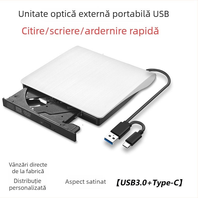 Unitate externă USB-C DVD (SY898) cu viteze de citire DVD 8x, CD 24x și scriere DVD 8x, interfață USB-C, dispozitiv extern, suport DVD-RW/DVD-RAM