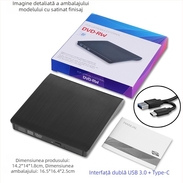 Unitate externă USB-C DVD (SY898) cu viteze de citire DVD 8x, CD 24x și scriere DVD 8x, interfață USB-C, dispozitiv extern, suport DVD-RW/DVD-RAM