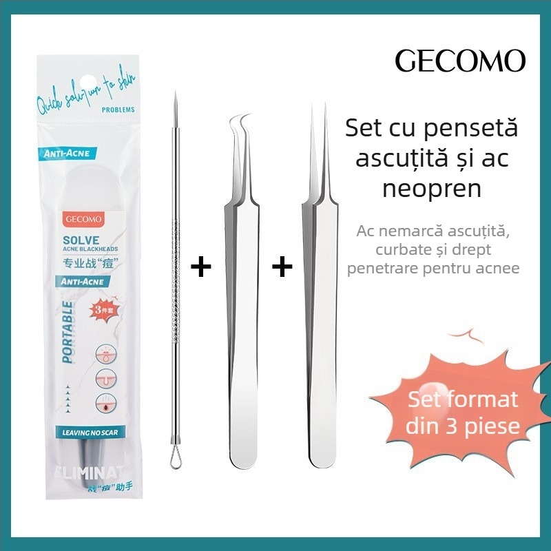 GECOMO Set de ace pentru acnee – oțel inoxidabil, ace ultra-ascuțite și pense ultra-fine pentru îndepărtarea punctelor negre și a comedoanelor închise