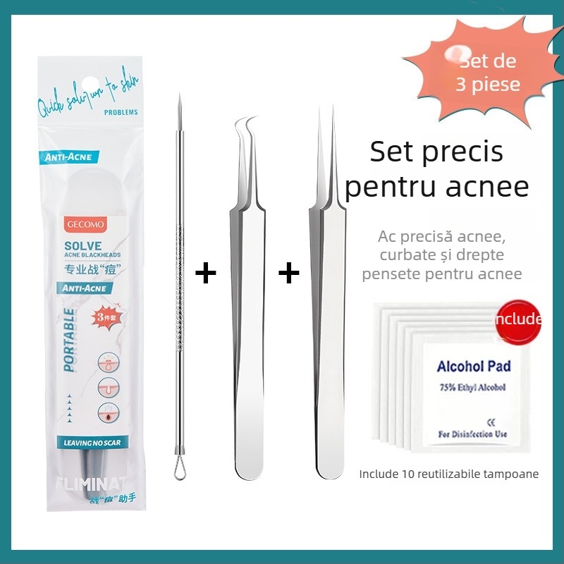 GECOMO Set de ace pentru acnee – oțel inoxidabil, ace ultra-ascuțite și pense ultra-fine pentru îndepărtarea punctelor negre și a comedoanelor închise