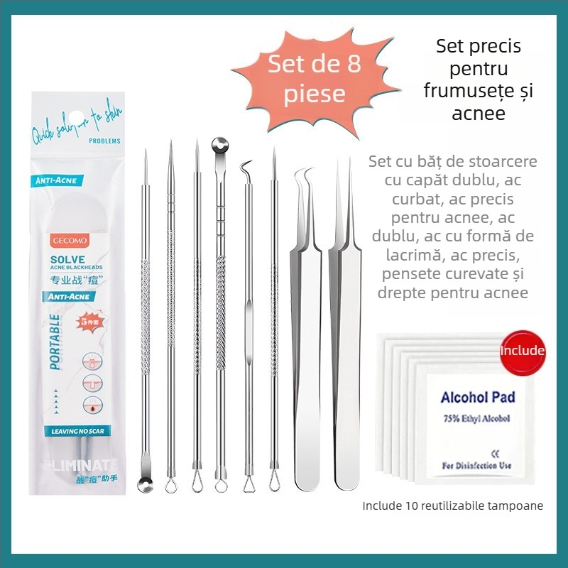 GECOMO Set de ace pentru acnee – oțel inoxidabil, ace ultra-ascuțite și pense ultra-fine pentru îndepărtarea punctelor negre și a comedoanelor închise