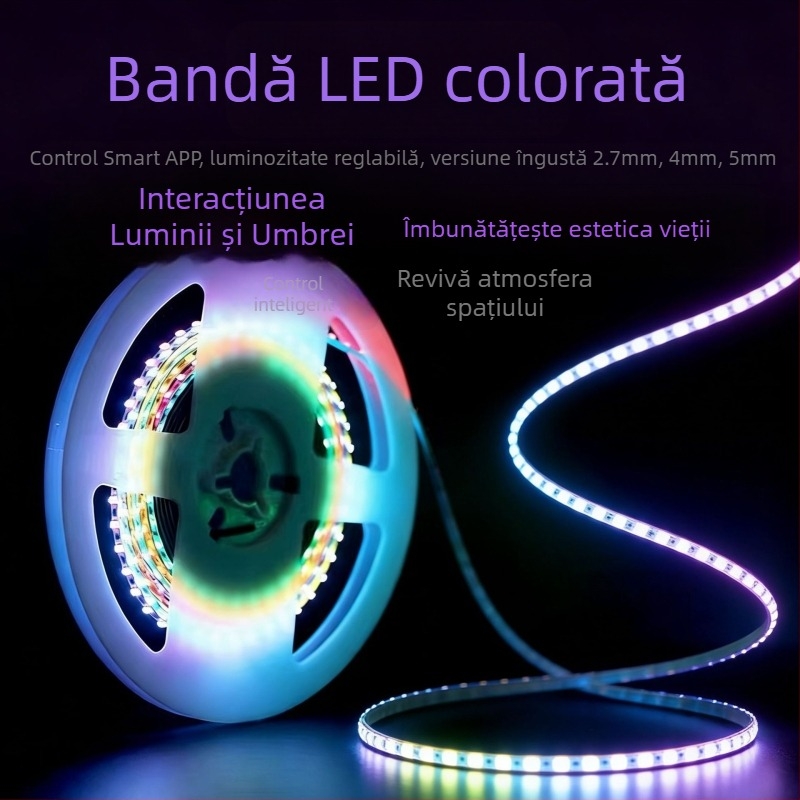 Bandă LED ambientală RGB cu control inteligent, alimentare 5V, mărgele LED 0807, cip San'an Optoelectronics