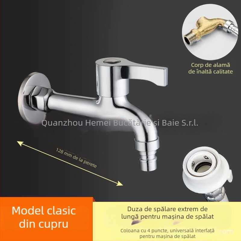 Robinet de alimentare încorporat pentru mașina de spălat, cu închidere rapidă extinsă, aliaj de zinc, intrare/ieșire 15 mm, 0–90°C, 1,6 MPa