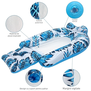 Șezlong din PVC în formă de frunză pentru piscină, cu pernă și suprafață din plasă – plută gonflabilă pentru o singură persoană