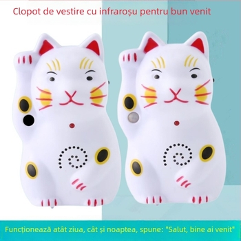 Sonerie de ușă cu design Pisica norocoasă, baterie 4.5V, ton de salut Hello, welcome, potrivit pentru case și magazine mici