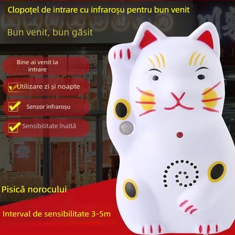 Sonerie de ușă cu design Pisica norocoasă, baterie 4.5V, ton de salut Hello, welcome, potrivit pentru case și magazine mici