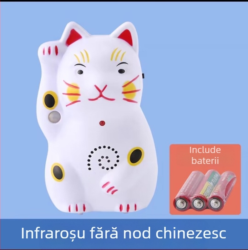 Sonerie de ușă cu design Pisica norocoasă, baterie 4.5V, ton de salut Hello, welcome, potrivit pentru case și magazine mici