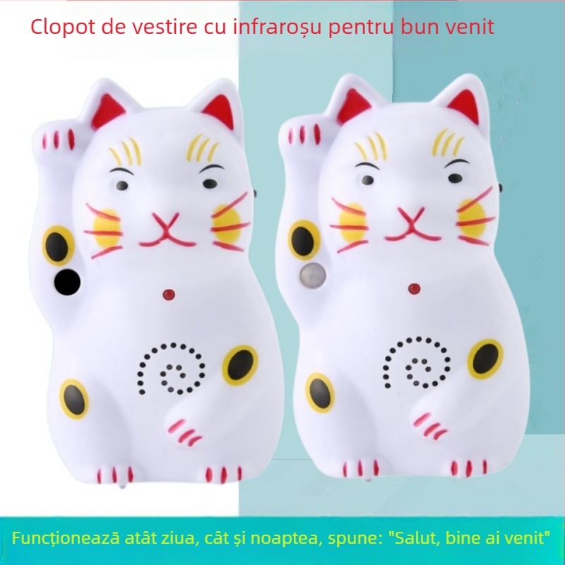 Sonerie de ușă cu design Pisica norocoasă, baterie 4.5V, ton de salut Hello, welcome, potrivit pentru case și magazine mici