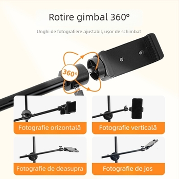 Trepied de podea cu bară transversală pentru înregistrări live cu tabletă/telefon, braț extensibil. Material: țeavă de fier; Încărcare 2–5 kg; Diametru țeavă: 16–19 mm; Noduri: 1; Greutate: 180 g