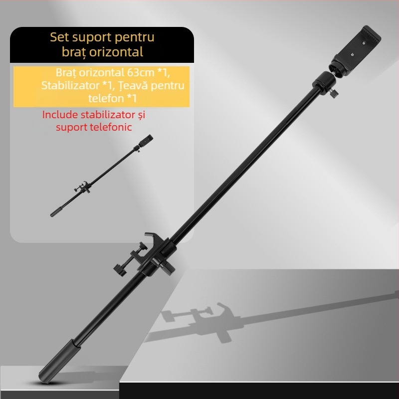 Trepied de podea cu bară transversală pentru înregistrări live cu tabletă/telefon, braț extensibil. Material: țeavă de fier; Încărcare 2–5 kg; Diametru țeavă: 16–19 mm; Noduri: 1; Greutate: 180 g