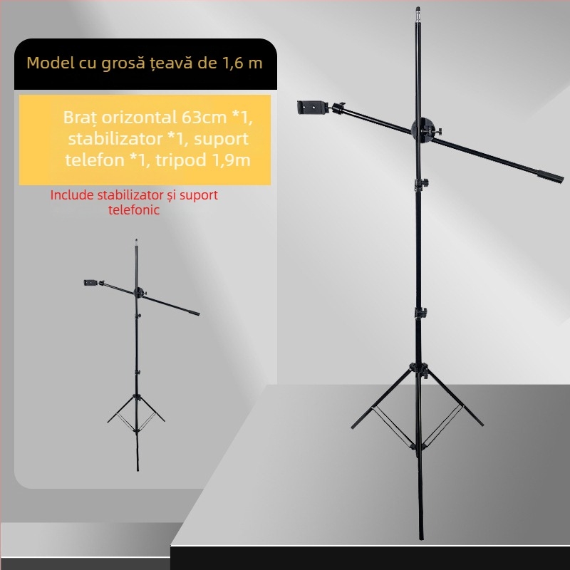 Trepied de podea cu bară transversală pentru înregistrări live cu tabletă/telefon, braț extensibil. Material: țeavă de fier; Încărcare 2–5 kg; Diametru țeavă: 16–19 mm; Noduri: 1; Greutate: 180 g