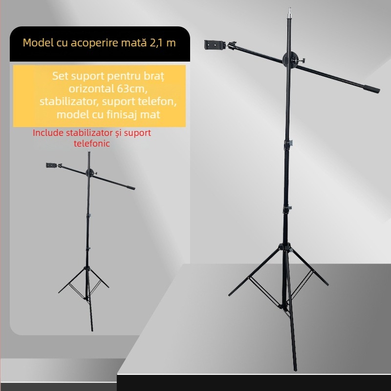 Trepied de podea cu bară transversală pentru înregistrări live cu tabletă/telefon, braț extensibil. Material: țeavă de fier; Încărcare 2–5 kg; Diametru țeavă: 16–19 mm; Noduri: 1; Greutate: 180 g