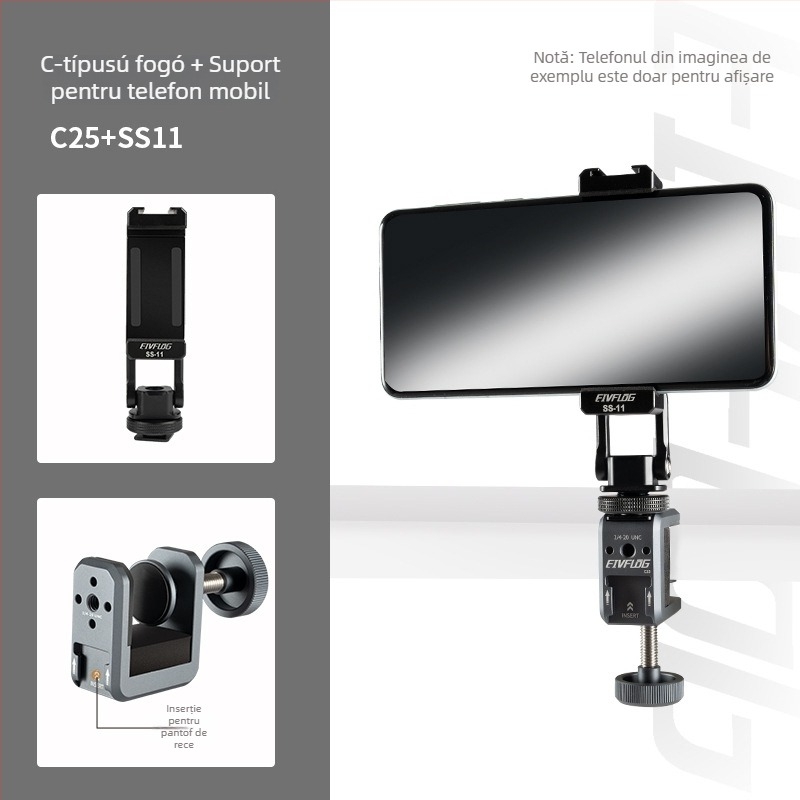 Stativ foto din aliaj de aluminiu, 2 secțiuni, încărcare 1–3 kg, înălțime de lucru 50 mm, greutate 105 g, marca Eivf log