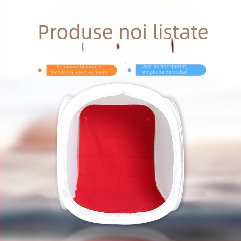 Box portabil cu lumină difuză pentru fotografierea produselor; material: pânză de lumină moale; interior cu flock alb; design multifuncțional; include 4 fundaluri colorate; greutate 1–4 kg