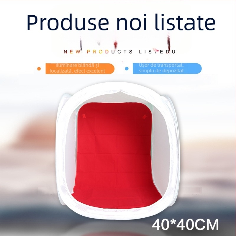 Box portabil cu lumină difuză pentru fotografierea produselor; material: pânză de lumină moale; interior cu flock alb; design multifuncțional; include 4 fundaluri colorate; greutate 1–4 kg