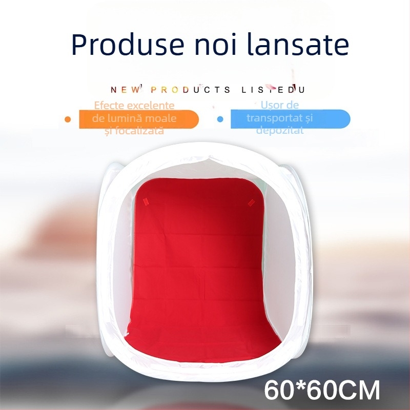 Box portabil cu lumină difuză pentru fotografierea produselor; material: pânză de lumină moale; interior cu flock alb; design multifuncțional; include 4 fundaluri colorate; greutate 1–4 kg