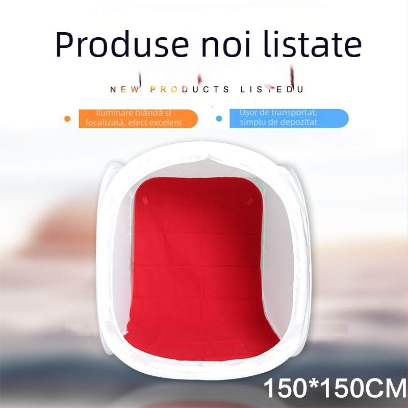 Box portabil cu lumină difuză pentru fotografierea produselor; material: pânză de lumină moale; interior cu flock alb; design multifuncțional; include 4 fundaluri colorate; greutate 1–4 kg