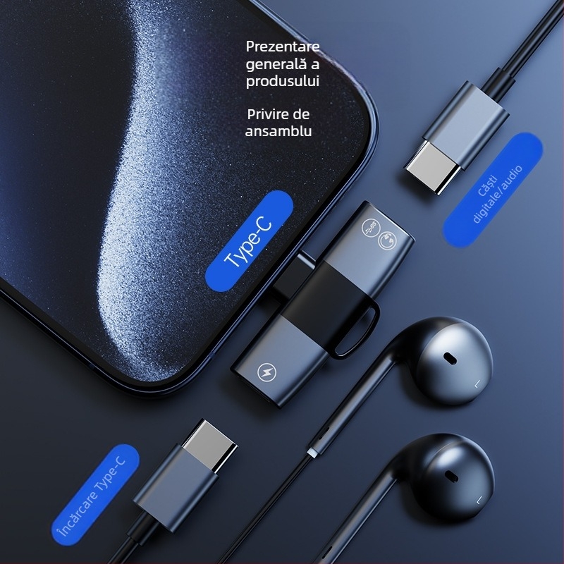 Adaptor USB-C dual – 2 în 1 pentru apeluri și muzică, control în linie, înregistrare externă, Android compatibil