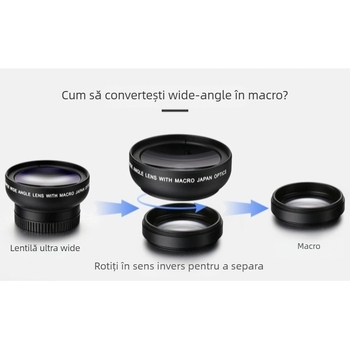 Lentilă opticǎ pentru telefonul mobil: unghi ultra-larg 0.45x + macro, două în una, universal