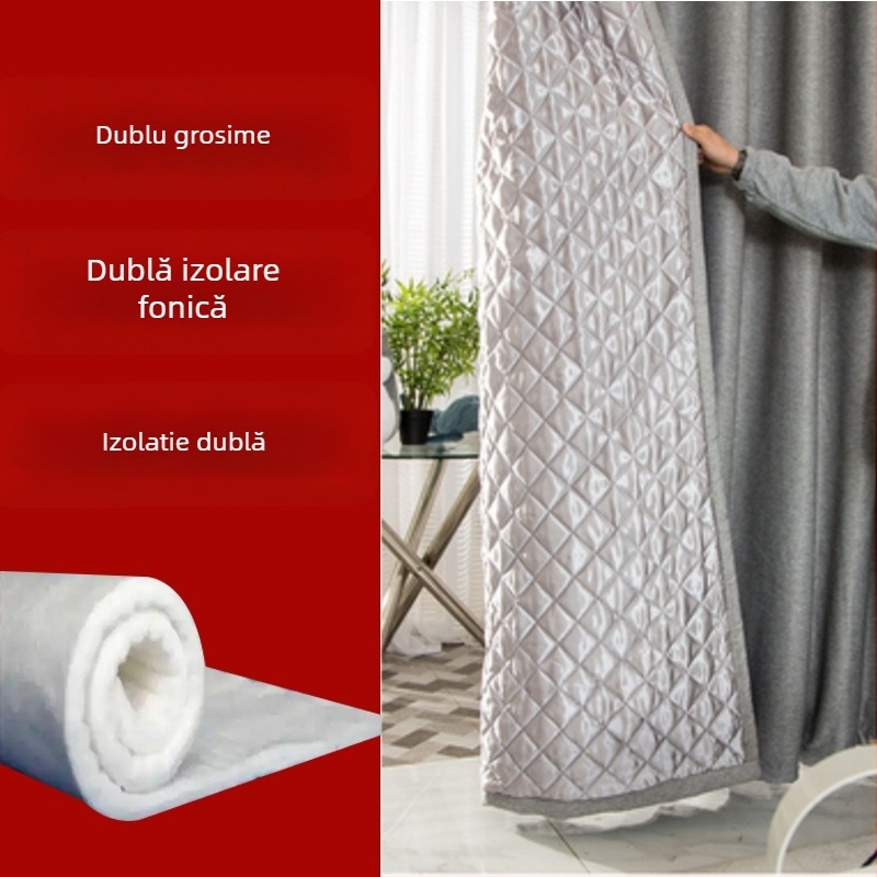 Perdea izolatoare fonic pentru dormitor și sufragerie, quilted, 70–90% Întunecare, țesătură din cânepă, finisaj emboss cu acoperire argintie