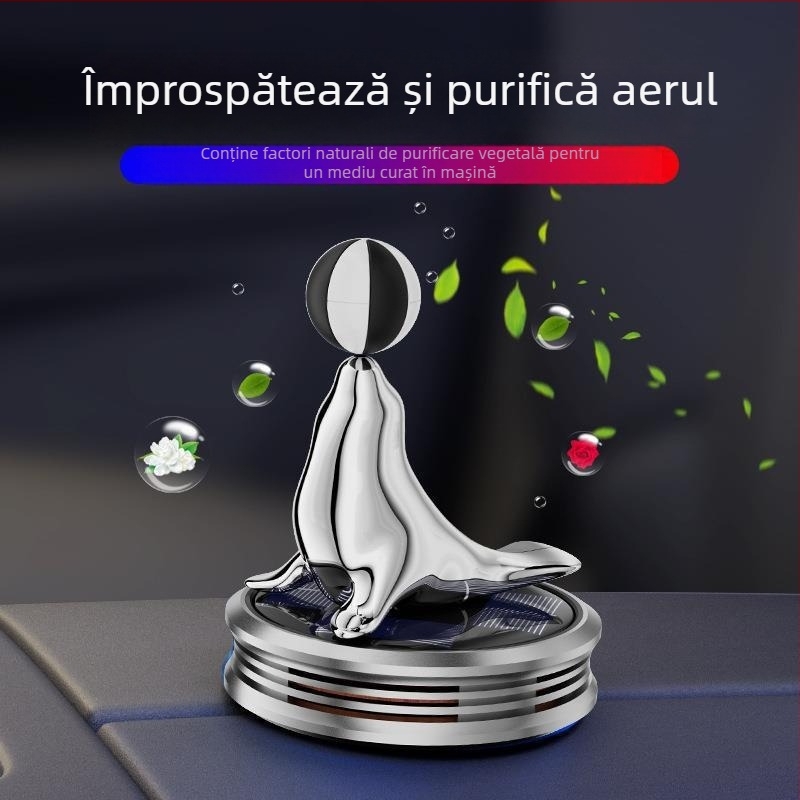Ornament auto aromatizant alimentat cu energie solară, în formă de focă, capacitate 5–10 ml, din plastic, difuzie 1–15 zile