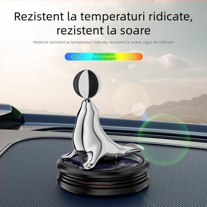 Ornament auto aromatizant alimentat cu energie solară, în formă de focă, capacitate 5–10 ml, din plastic, difuzie 1–15 zile