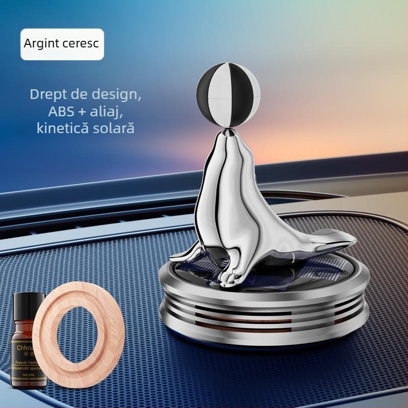 Ornament auto aromatizant alimentat cu energie solară, în formă de focă, capacitate 5–10 ml, din plastic, difuzie 1–15 zile