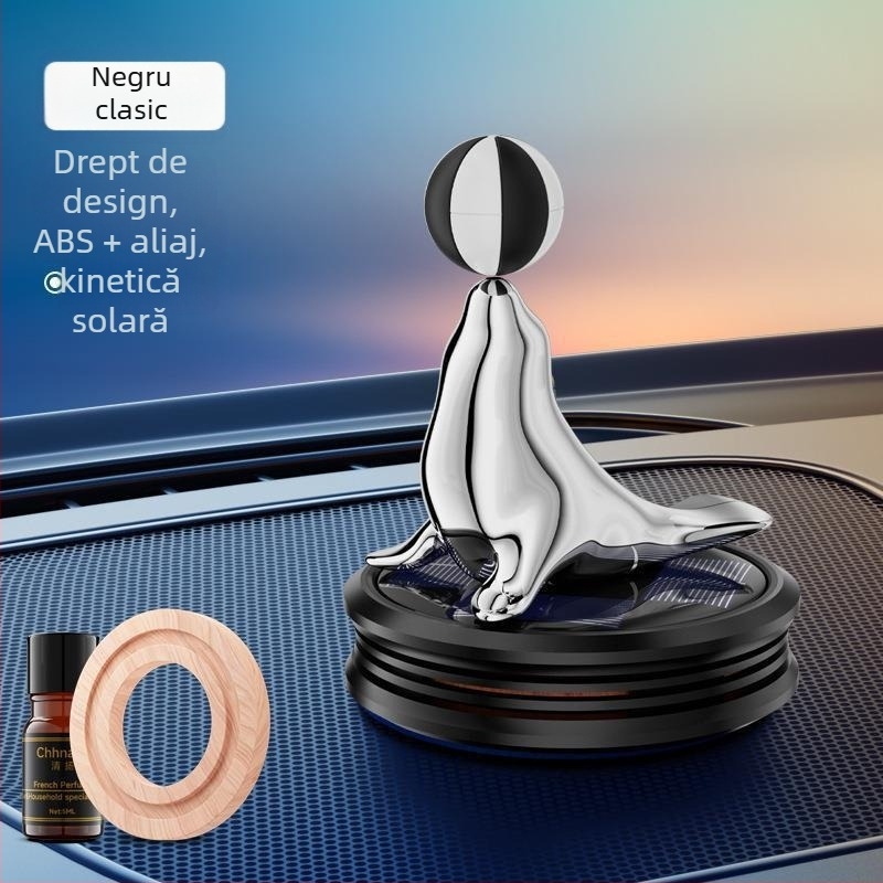 Ornament auto aromatizant alimentat cu energie solară, în formă de focă, capacitate 5–10 ml, din plastic, difuzie 1–15 zile