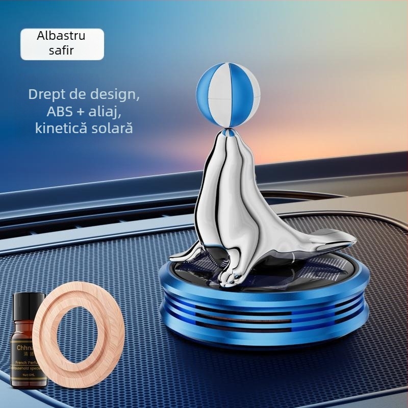 Ornament auto aromatizant alimentat cu energie solară, în formă de focă, capacitate 5–10 ml, din plastic, difuzie 1–15 zile