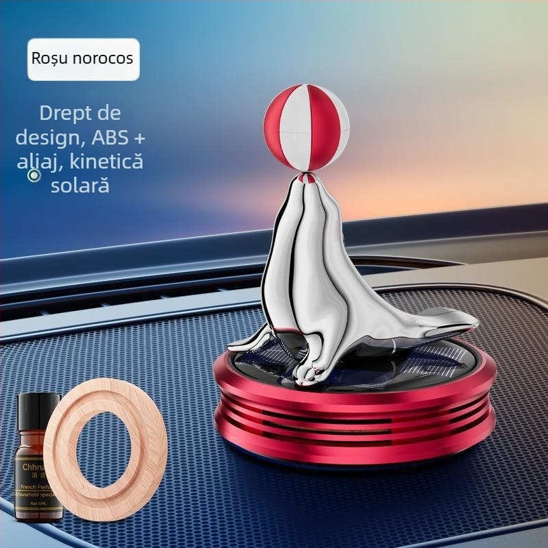 Ornament auto aromatizant alimentat cu energie solară, în formă de focă, capacitate 5–10 ml, din plastic, difuzie 1–15 zile