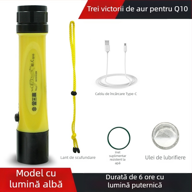 Lanternă de scufundare cu fascicul lung, corp din aliaj de aluminiu și plastic dur, IPX8 impermeabil, versiune plutitoare Q10